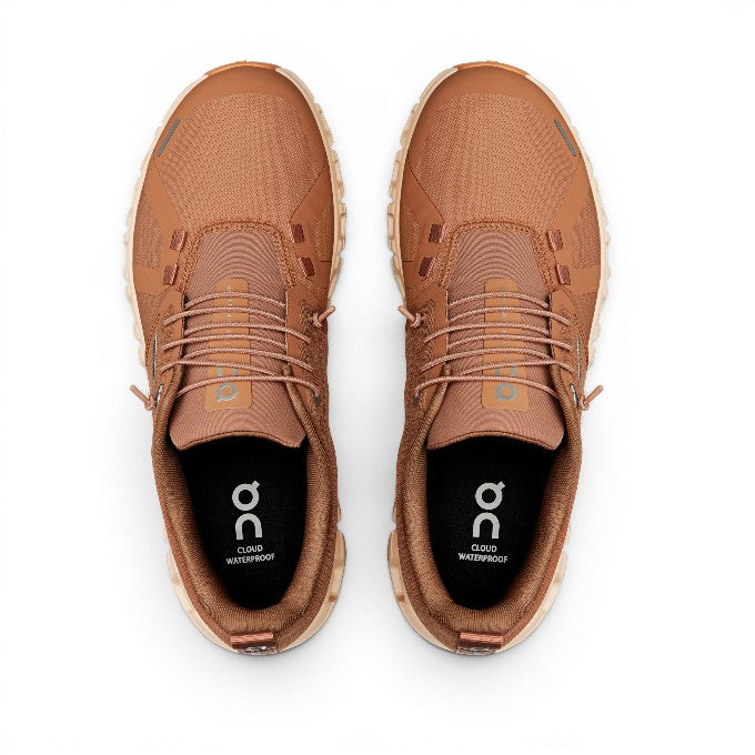 ShoeShop ON Cloud 6 Waterproof men's brown recycled polyester running shoes with white soles and speed lacing.