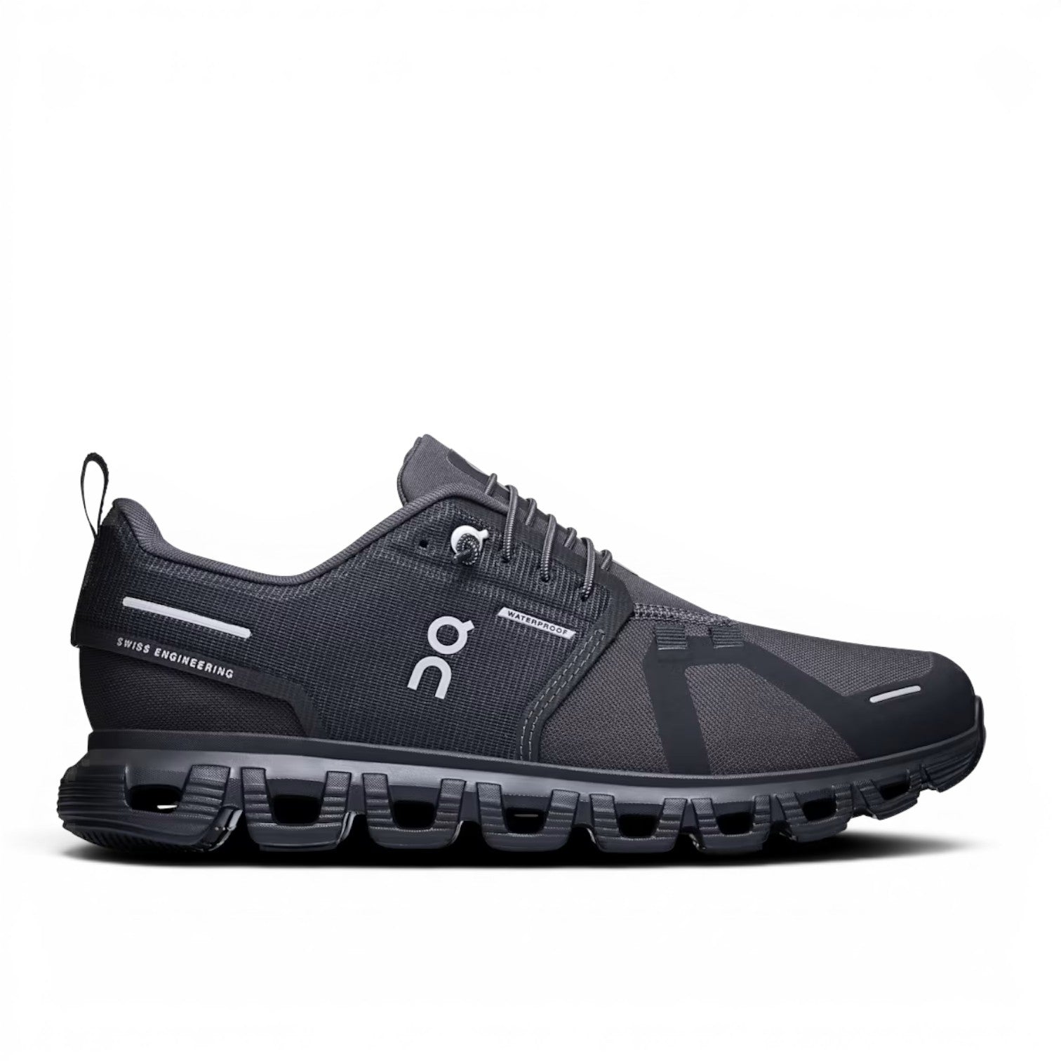 ShoeShop ON Cloud 6 Waterproof dark grey men's running shoe with white logo and reflective details.
