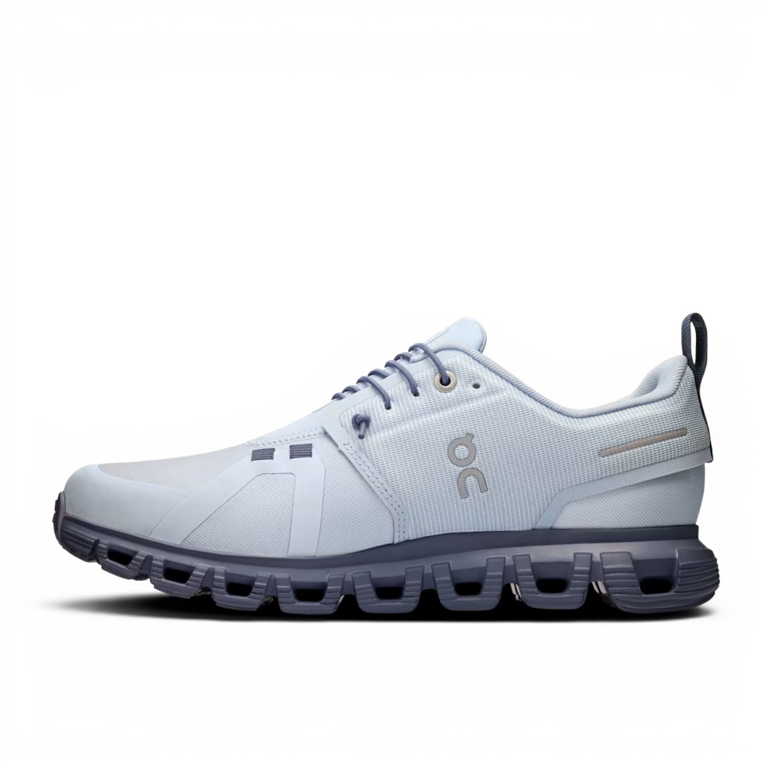 ShoeShop ON Cloud 6 Waterproof light blue recycled polyester running shoe with dark grey sole and laces.