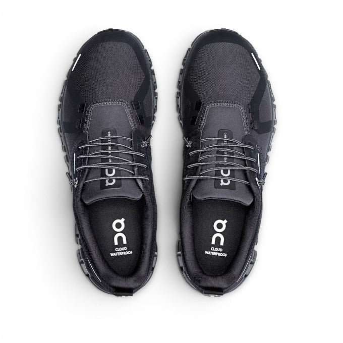 ShoeShop ON Cloud 6 Waterproof black running shoes with grey laces and white logo on black background.