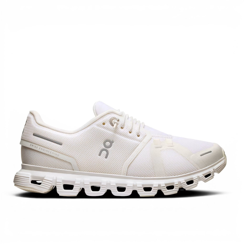 ShoeShop ON Cloud 6 white recycled polyester running shoe with CloudTec cushioning and Speedboard plate.