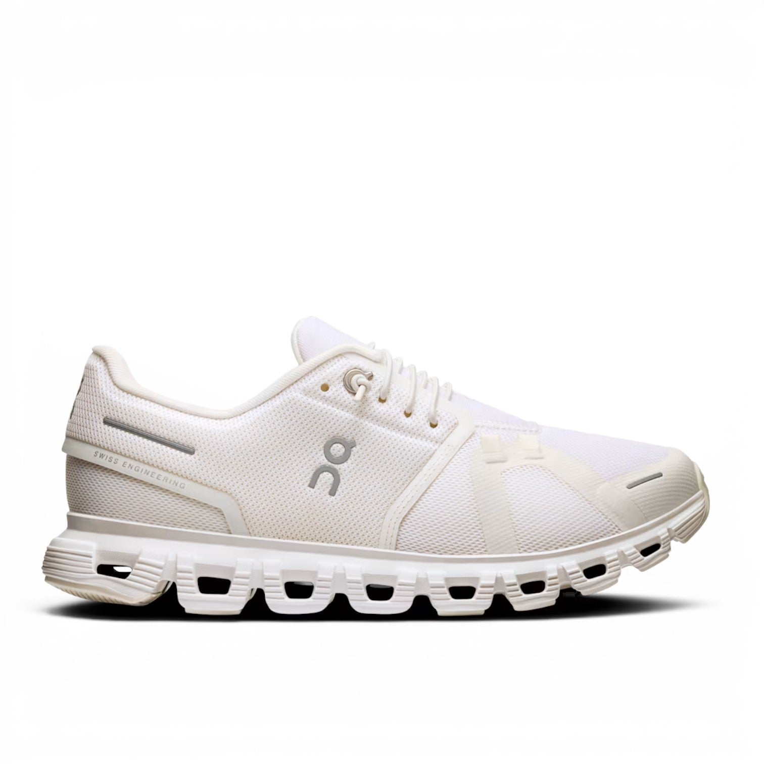 ShoeShop ON Cloud 6 white recycled polyester running shoe with CloudTec cushioning and Speedboard plate.