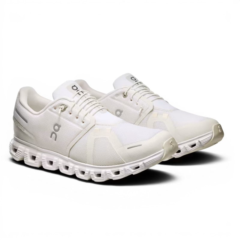 ShoeShop white recycled polyester ON Cloud 6 running shoes with Zero-Gravity CloudTec cushioning and Speedboard.