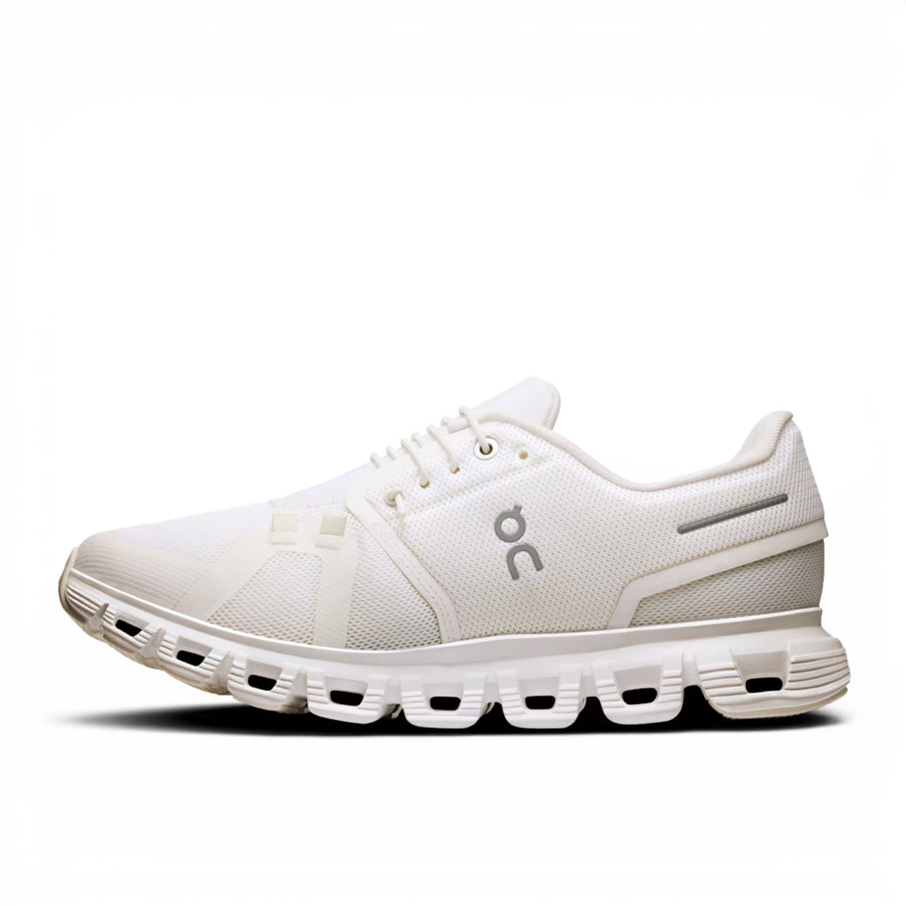 ShoeShop ON Cloud 6 white recycled polyester running shoes with CloudTec cushioning and Speedboard plate.