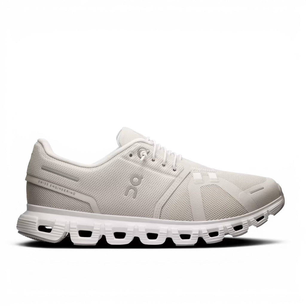 ShoeShop ON Cloud 6 men's white recycled polyester running shoes with CloudTec cushioning and Speedboard plate.