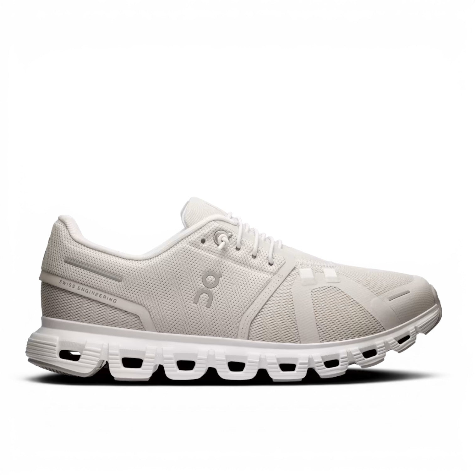 ShoeShop ON Cloud 6 men's white recycled polyester running shoes with CloudTec cushioning and Speedboard plate.