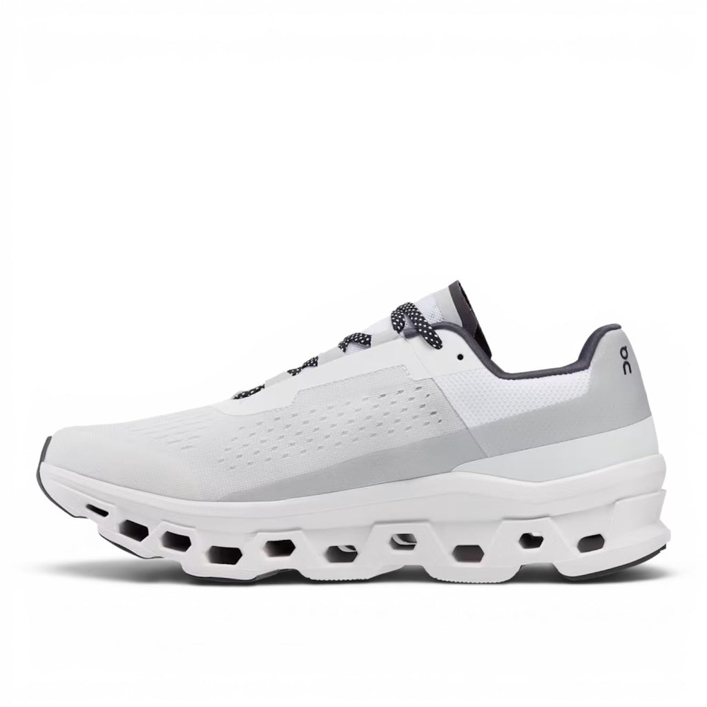 ShoeShop ON Cloud Cloudmonster white running shoe with grey accents and unique CloudTec sole.