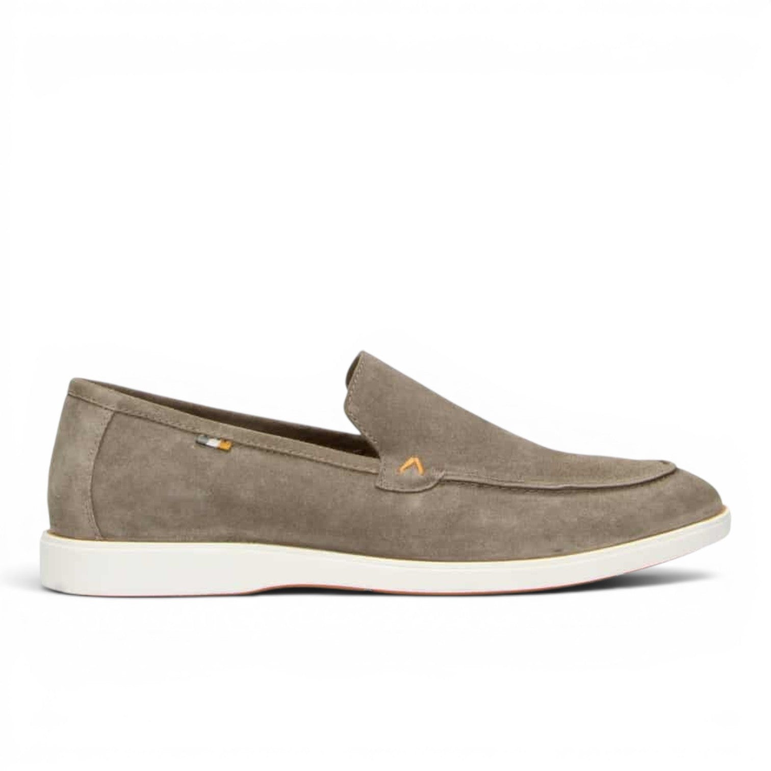 ShoeShop taupe suede slip-on loafers with orange accent stitching and white sole.