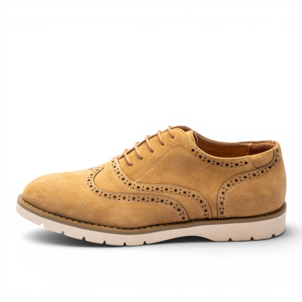 ShoeShop Uncle Paul AGNES tan suede wingtip oxford shoes with perforated details and lace-up closure.