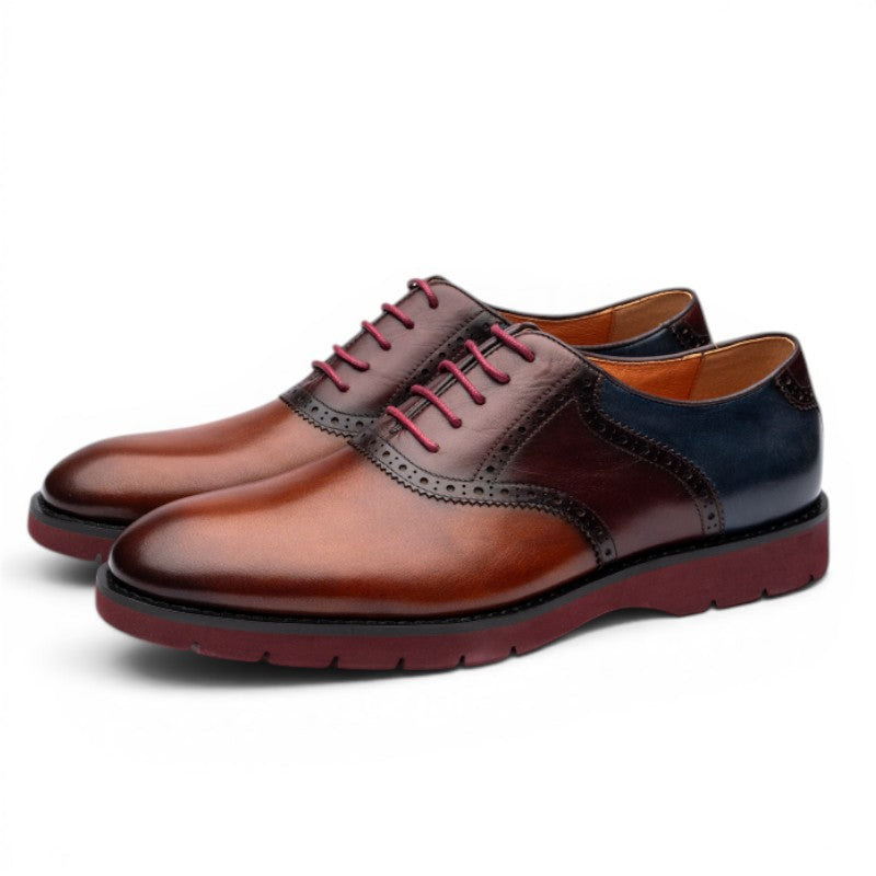 ShoeShop Uncle Paul ALAR men's brown leather oxford shoes with burgundy sole and navy blue heel accent.