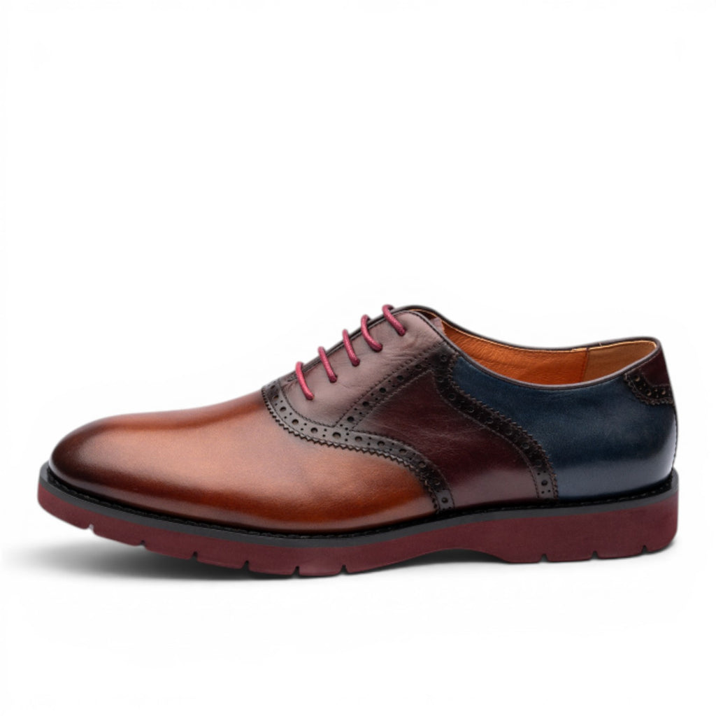 ShoeShop Uncle Paul ALAR men's leather oxford shoes in brown, burgundy, and navy with red laces and a burgundy sole.