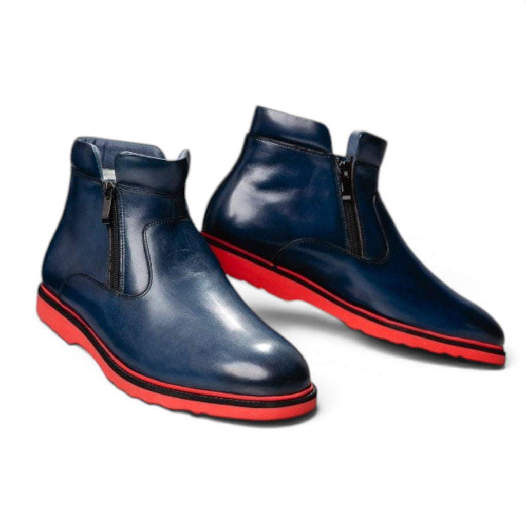 ShoeShop Uncle Paul ARNO navy blue leather boots with red soles and side zippers. Warm sherpa lining.
