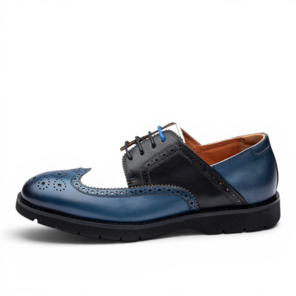 ShoeShop Uncle Paul ERIKA blue, black, and white leather wingtip brogues with perforated details and blue laces.
