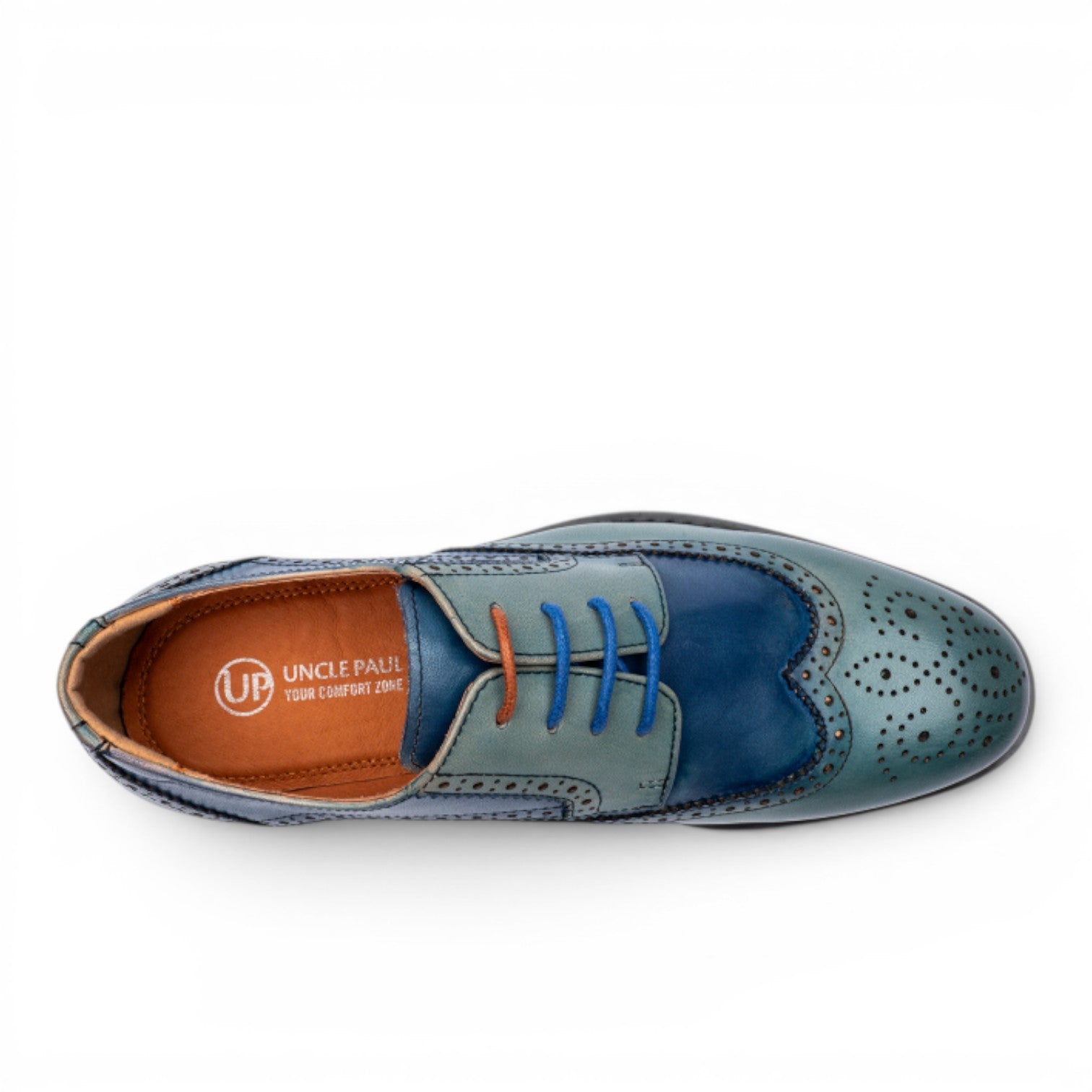 ShoeShop Uncle Paul FRIDA women's blue leather wingtip shoes with perforation detail and contrasting laces.