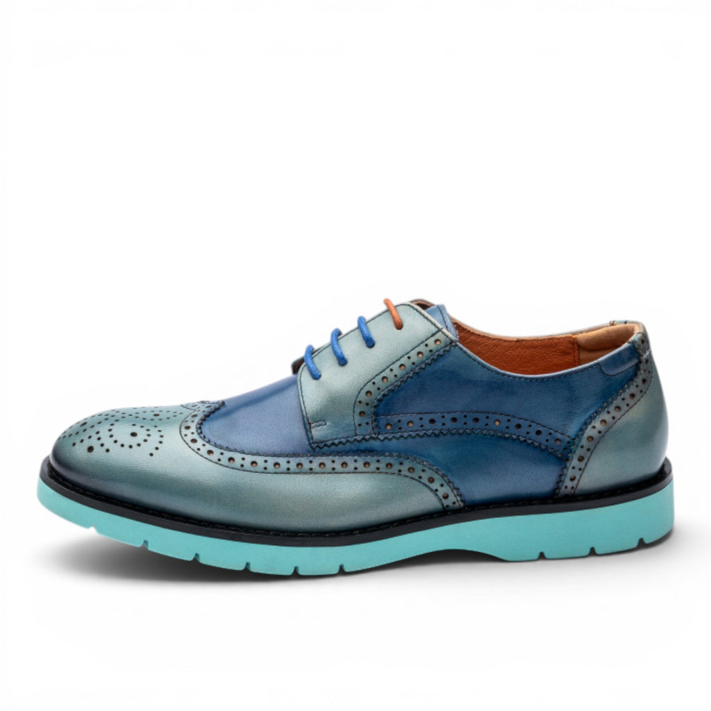 ShoeShop Uncle Paul FRIDA blue leather wingtip shoes with perforations and contrasting laces.