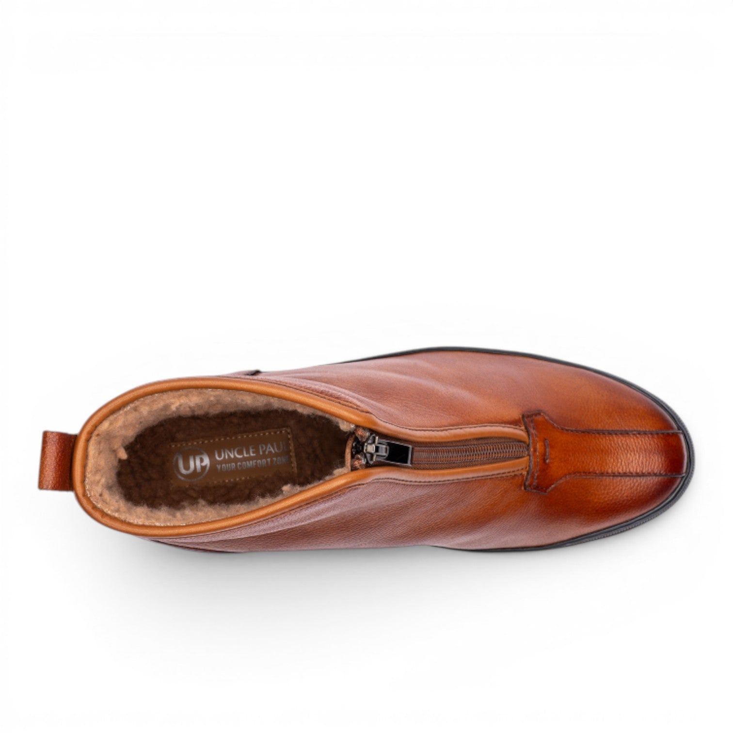 ShoeShop Uncle Paul HELDUR-2 brown leather boots with sherpa lining and front zipper.