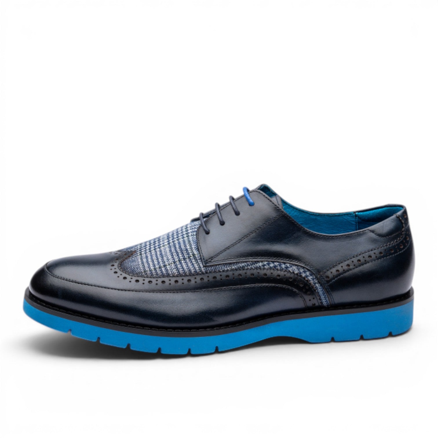 ShoeShop Uncle Paul HERBERT men's dark blue leather and tweed wingtip brogues with blue sole and laces.
