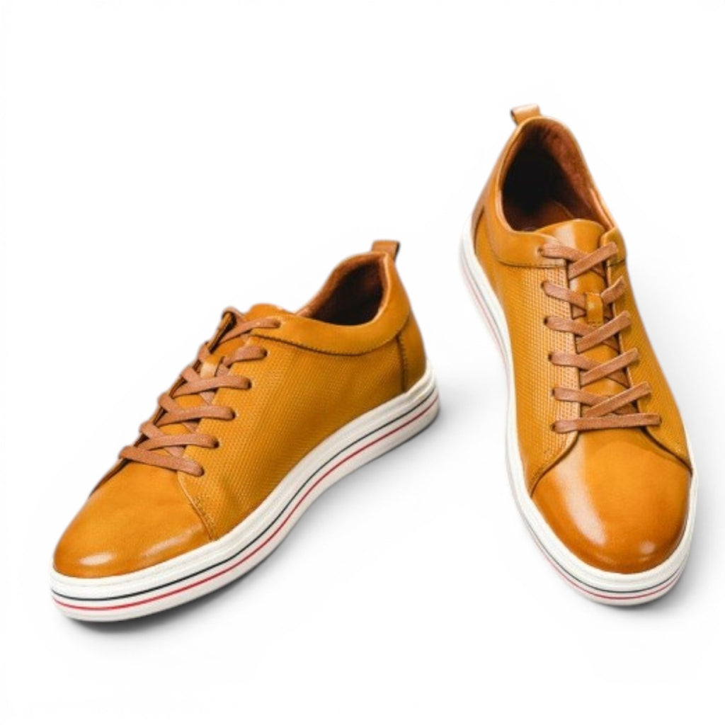 ShoeShop Uncle Paul JAAN men's tan leather sneakers with textured finish and striped rubber sole.