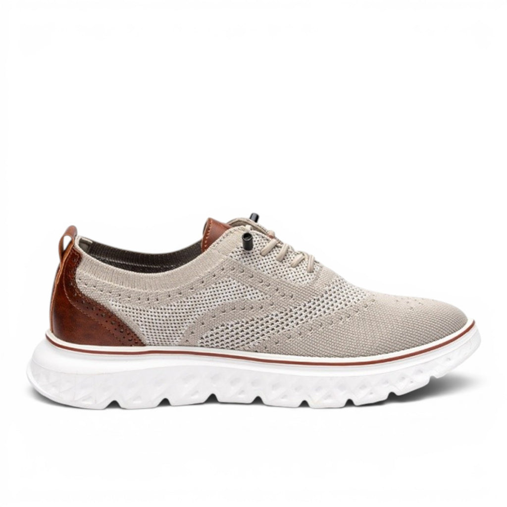 ShoeShop Uncle Paul JUHAN-1 beige knit sneakers with brown leather accents and white sole.