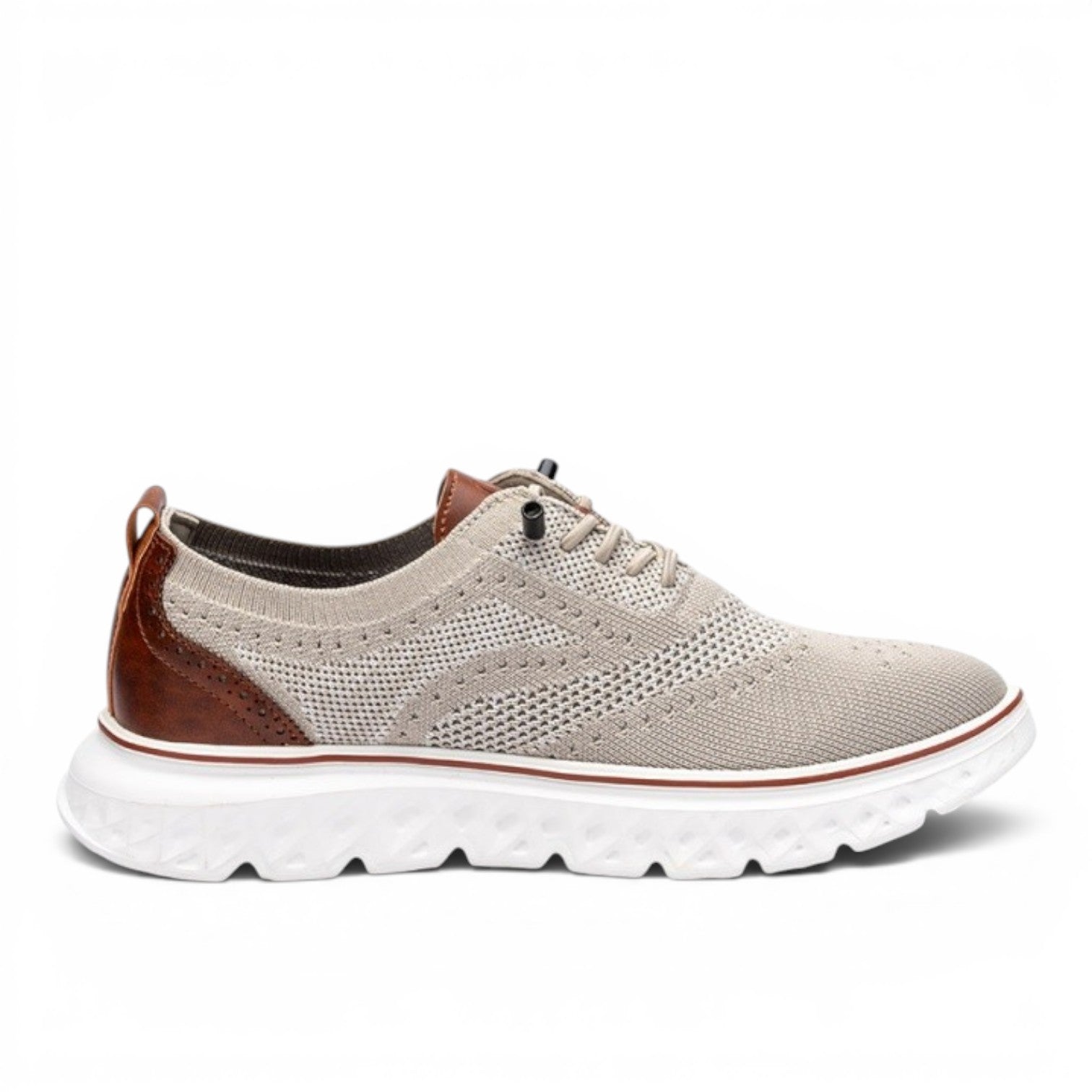 ShoeShop Uncle Paul JUHAN-1 beige knit sneakers with brown leather accents and white sole.