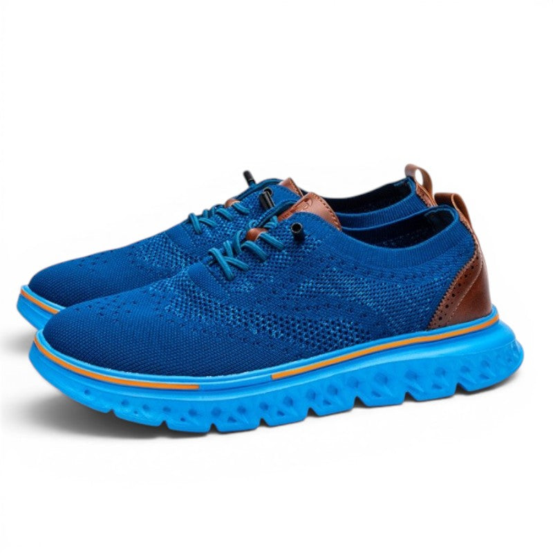 ShoeShop Uncle Paul JUHAN-1 blue knit sneakers with brown leather accents and orange sole detail.
