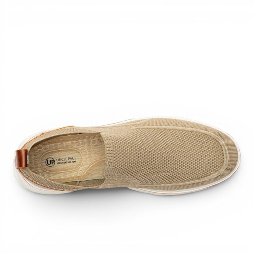 ShoeShop Uncle Paul JUSS beige knit slip-on shoes with brown leather heel tab and cushioned insole.