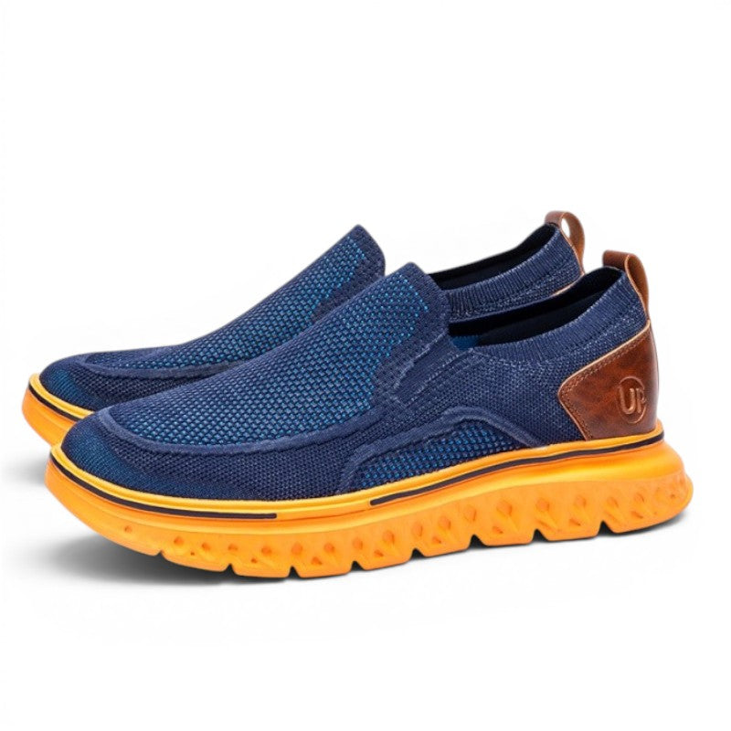 ShoeShop Uncle Paul JUSS blue knit slip-on sneakers with orange sole and brown heel accent