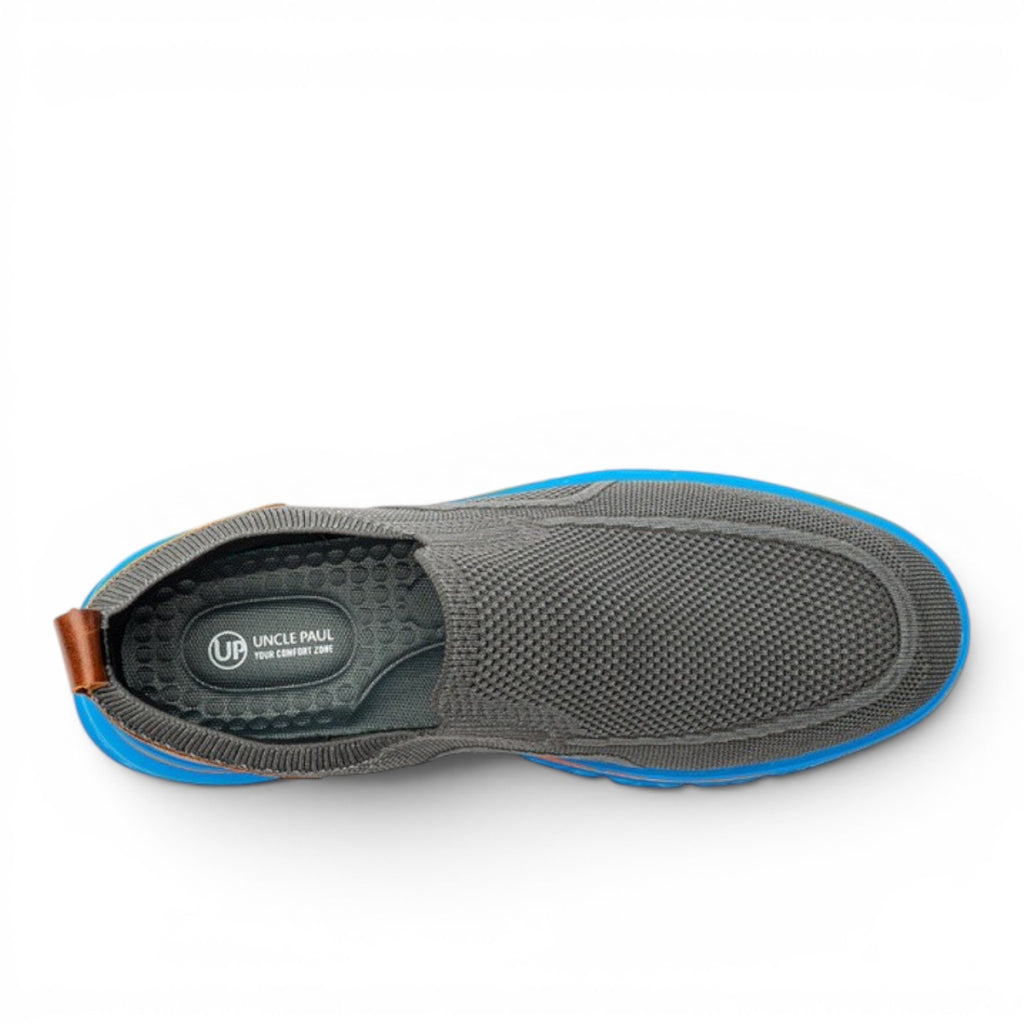 ShoeShop Uncle Paul JUSS grey knit slip-on sneakers with blue sole and brown heel tab.