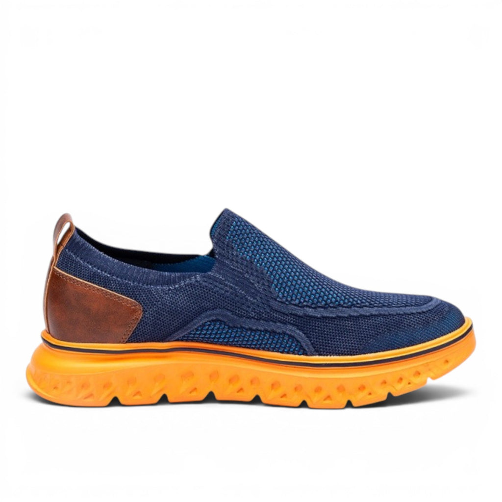 ShoeShop Uncle Paul JUSS navy blue knit slip-on sneakers with brown heel accent and orange sole.
