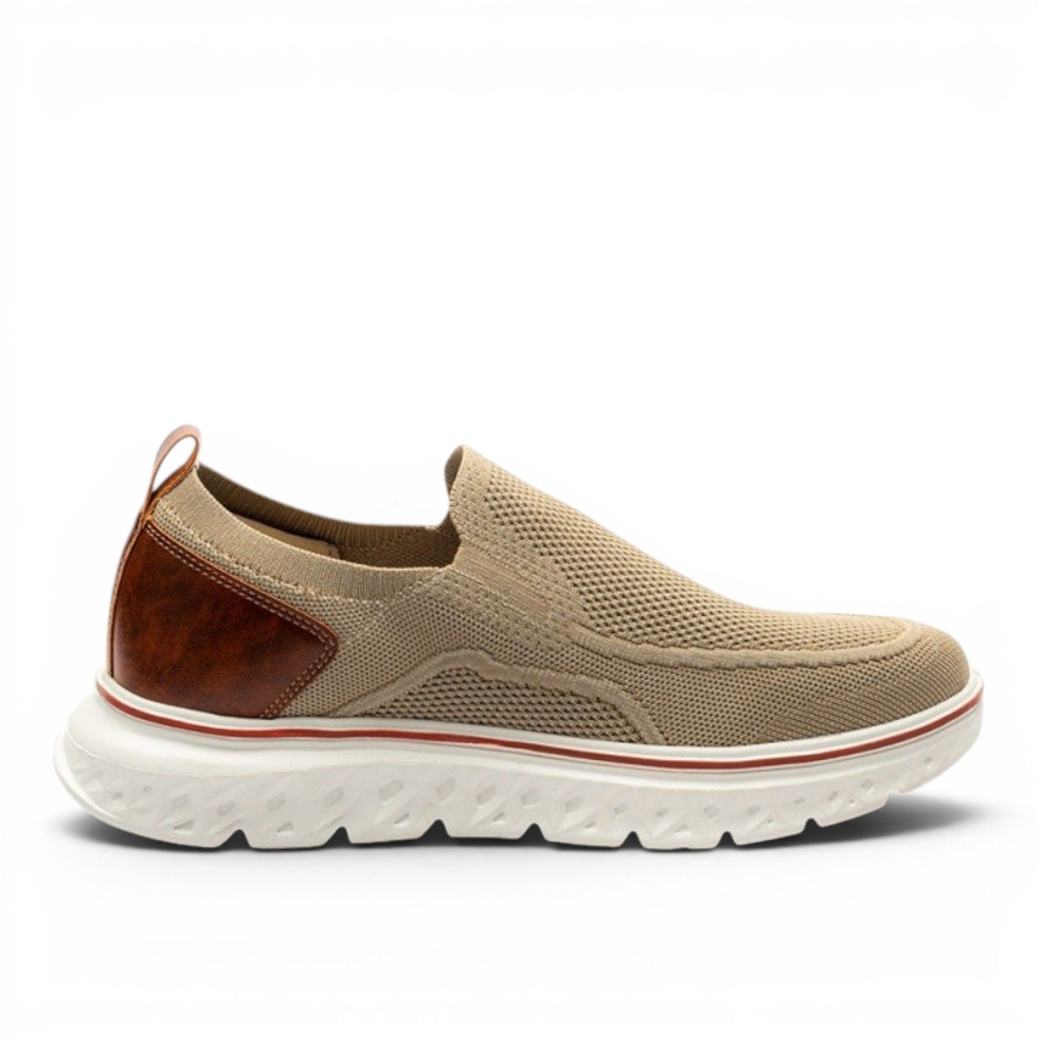 ShoeShop Uncle Paul JUSS tan knit slip-on sneakers with brown leather heel accent and white sole.