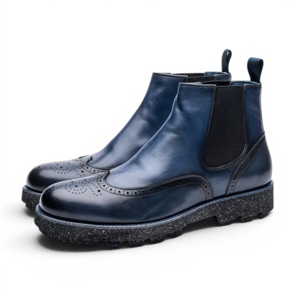 ShoeShop Uncle Paul KARL blue leather Chelsea boots with brogue detailing and chunky sole.
