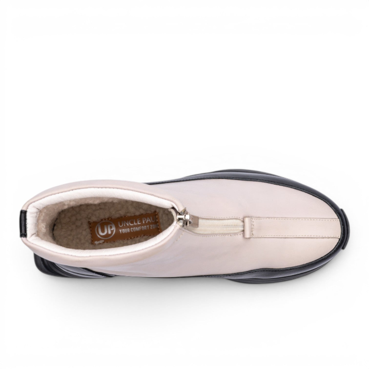 ShoeShop Uncle Paul LINDA-0 cream leather boots with sherpa lining and front zipper. Contrast black sole.