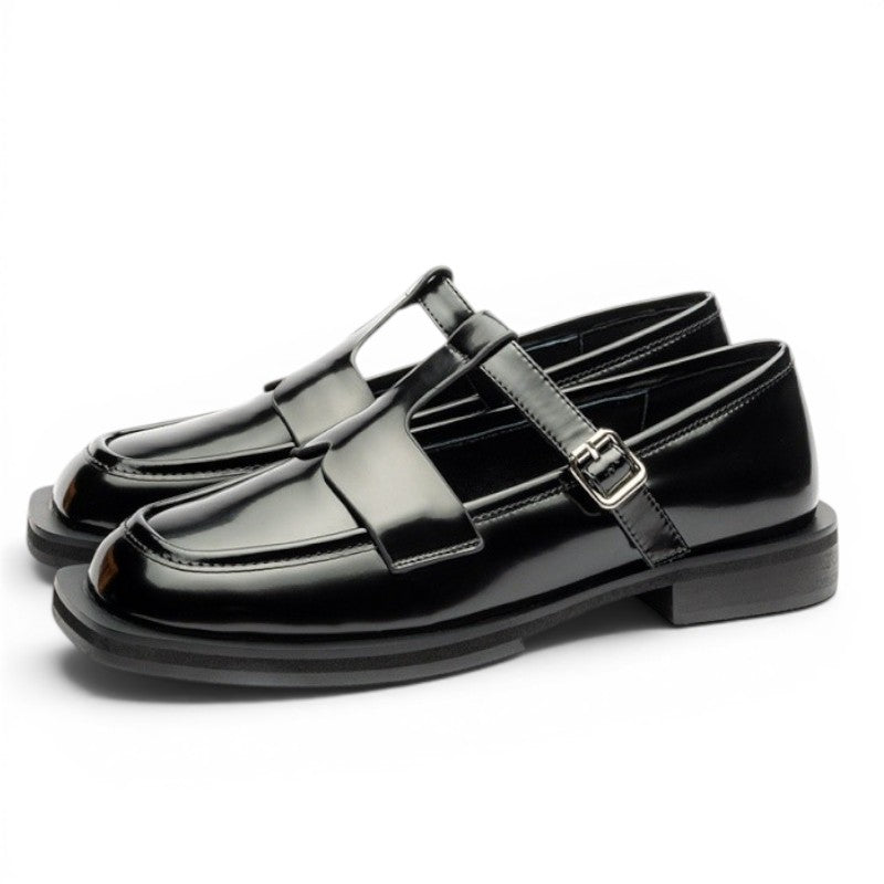 ShoeShop Uncle Paul MILVI black leather Mary Jane loafers with buckle strap and square toe.