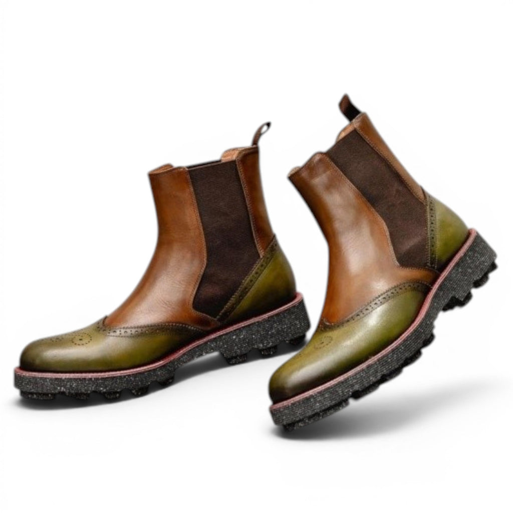 ShoeShop Uncle Paul MIRALDA brown and green leather chelsea boots with brogue details and chunky sole.