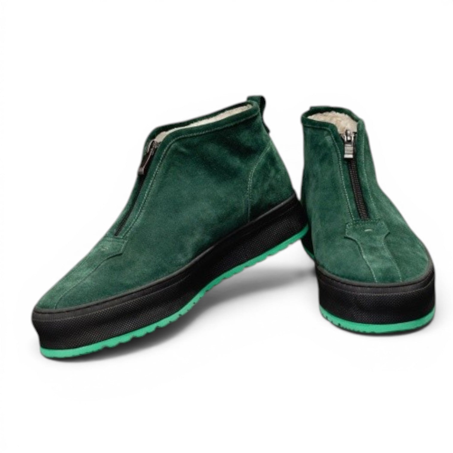 ShoeShop Uncle Paul VALDUR green suede winter boots with sherpa lining and front zipper.