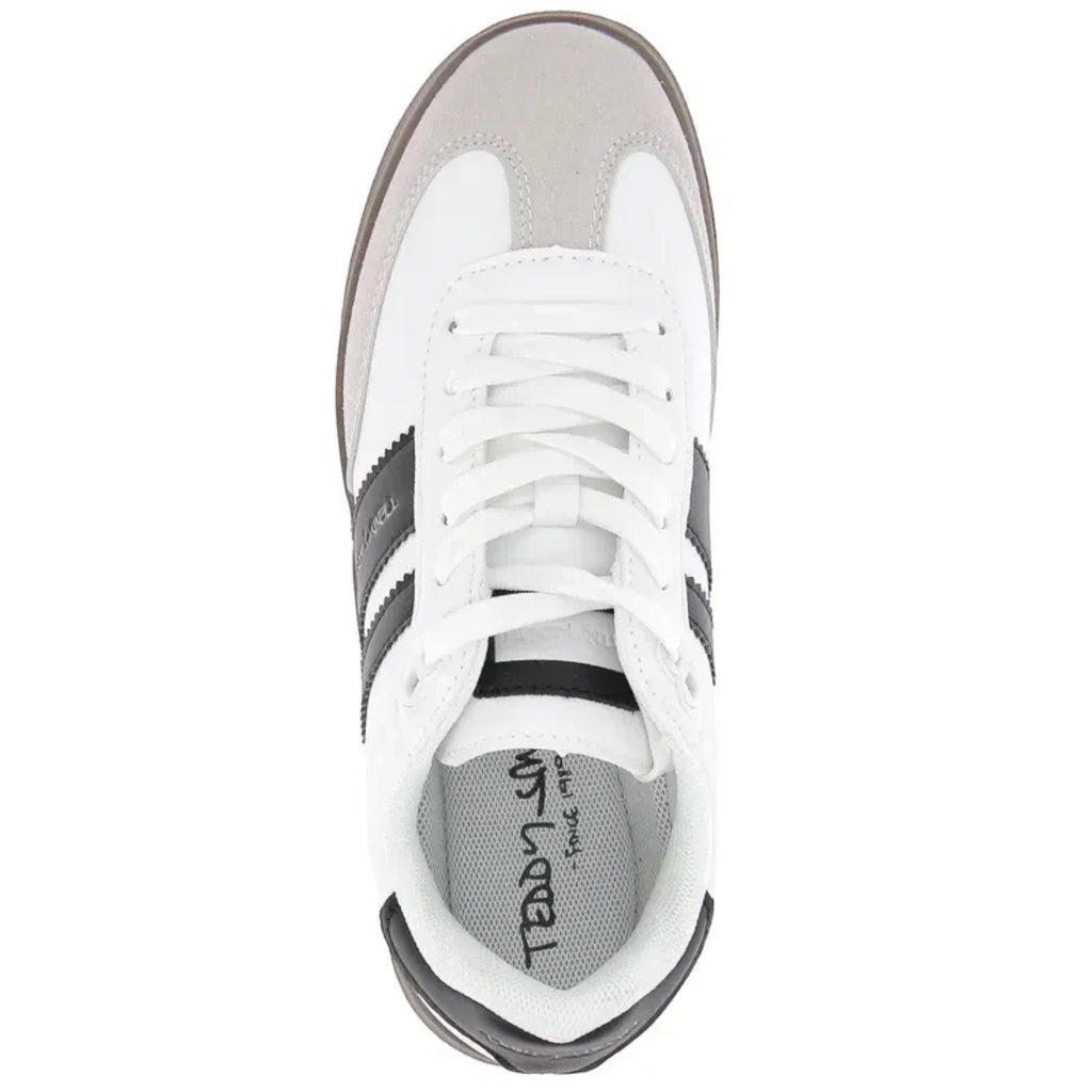 ShoeShop white synthetic sneakers with grey suede toe cap and black stripes on the sides. Textile lining, rubber sole.
