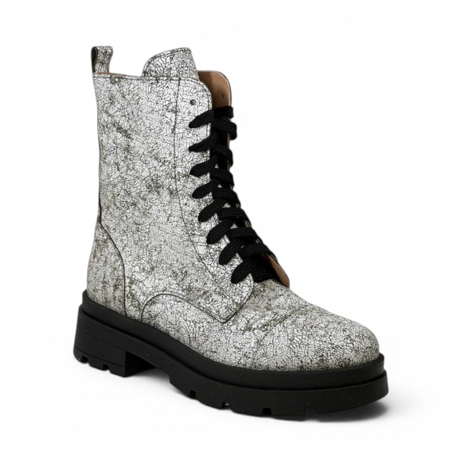 ShoeShop Zavod ANFIBIO Italian leather combat boots with a cracked silver finish and black laces.