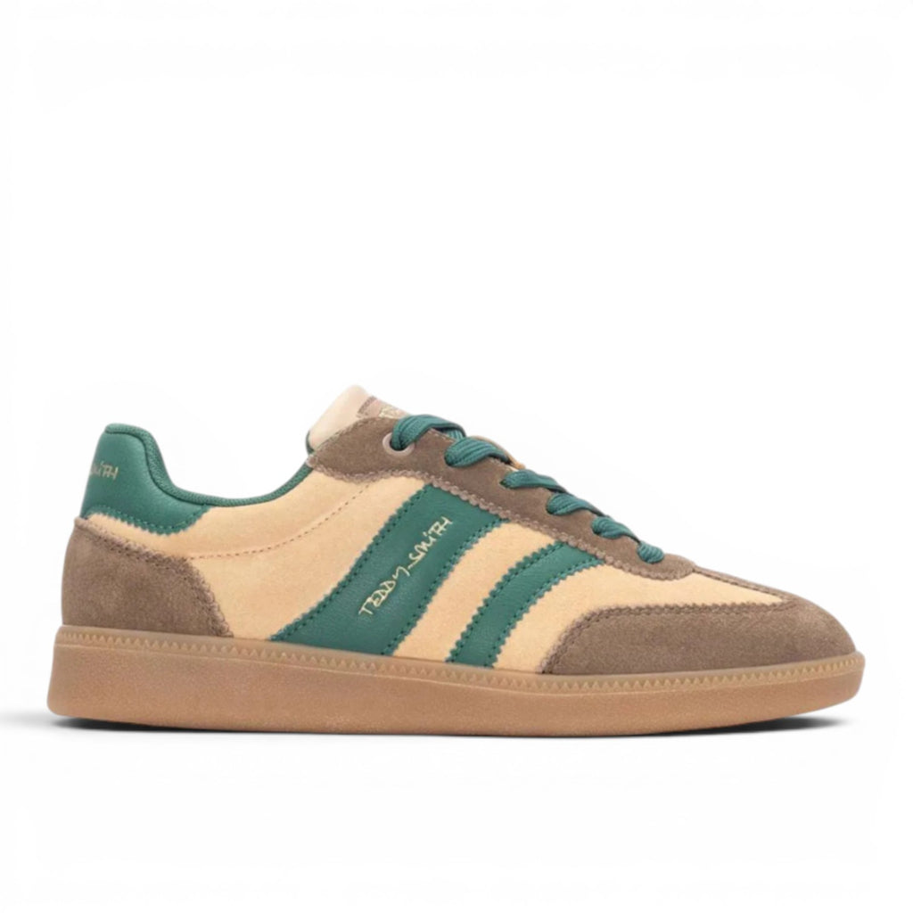 Teddy Smith tan and brown suede sneakers with green stripes and laces. Leather and synthetic upper, textile lining, rubber sole.