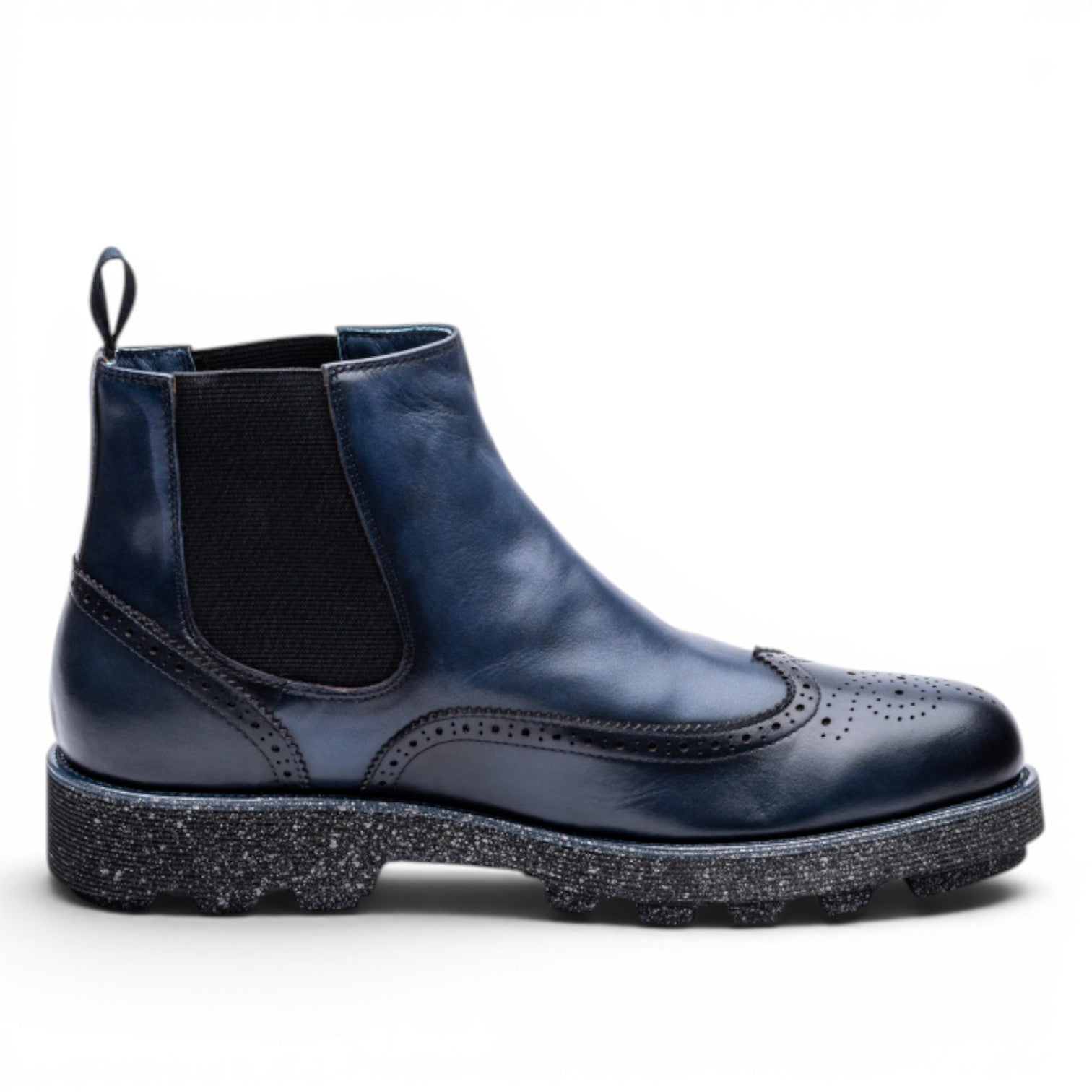 ShoeShop KARL blue leather Chelsea boots with brogue detailing and a chunky rubber sole.