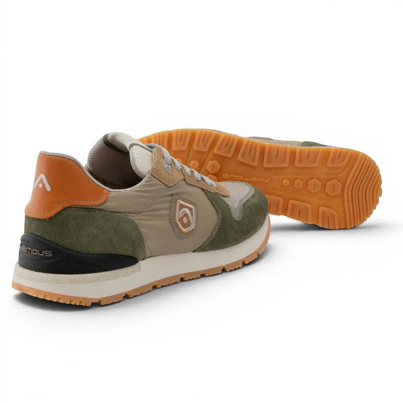 ShoeShopHere Ambitious 14003 men's sneakers in beige, olive green, and orange with suede and nylon details.