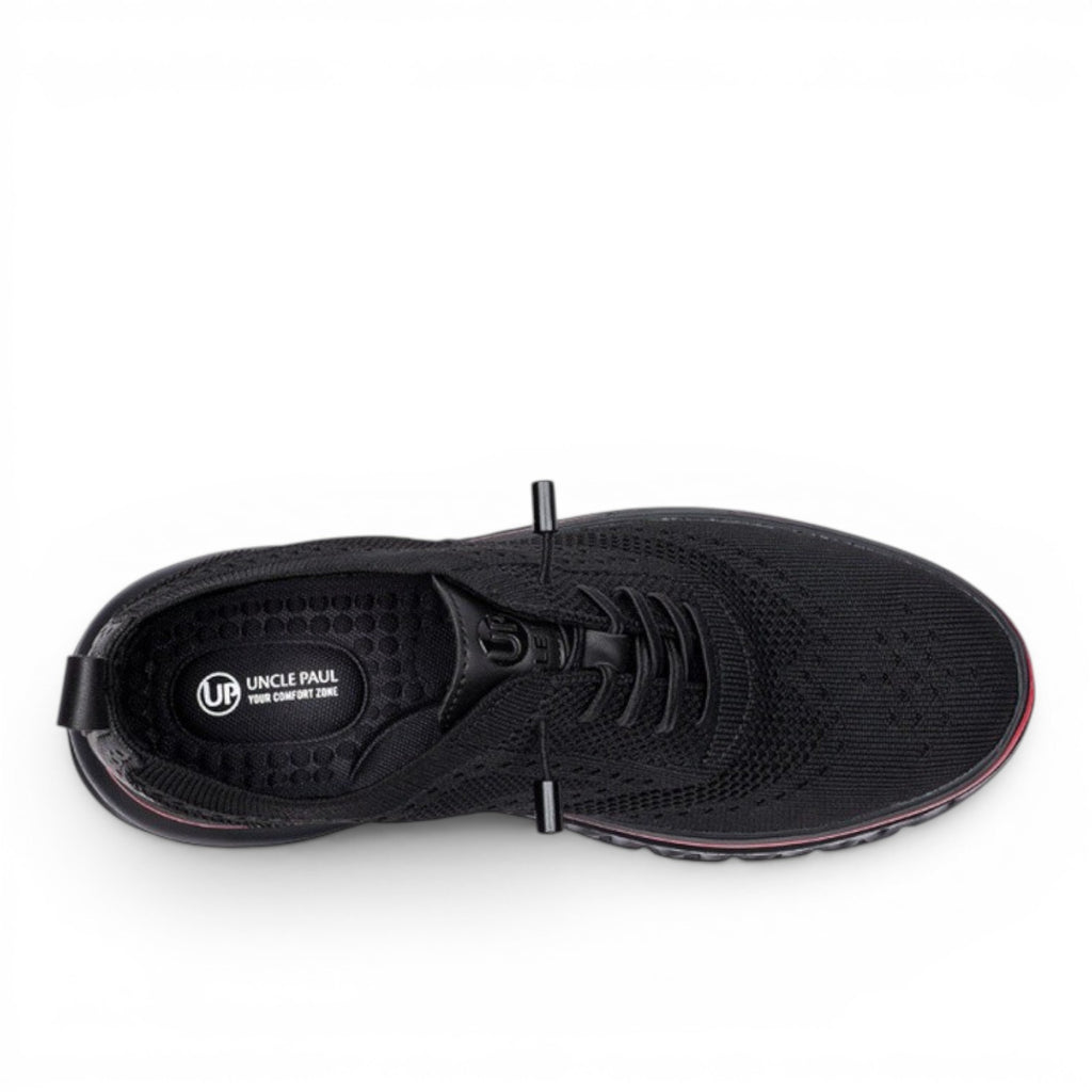 ShoeShopHere Uncle Paul JUHAN-1 black knit sneakers with elastic laces and red trim.