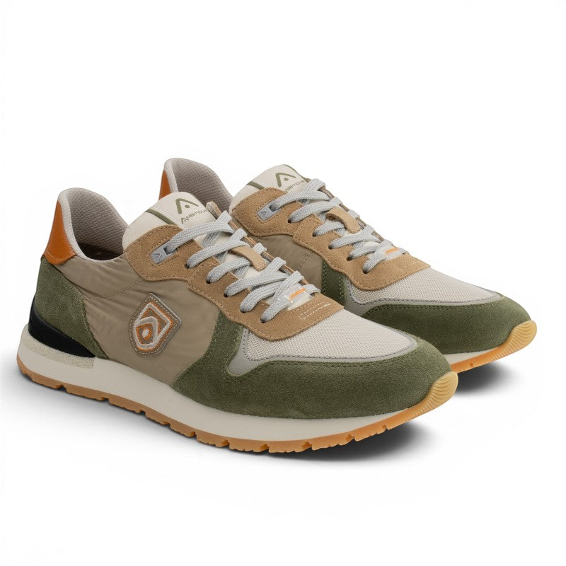 ShoeShopHere Ambitious 14003 men's sneakers in beige, green, and tan suede and nylon with orange accents.