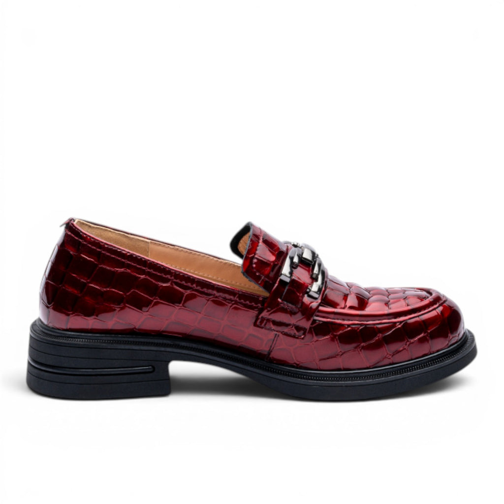 ShoeShopHere Uncle Paul TIINA burgundy crocodile-embossed leather loafers with silver chain detail.