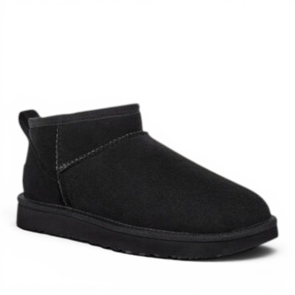 ShoeShop black suede Classic Ultra Mini boots with sheepskin lining and sugar cane EVA outsole.
