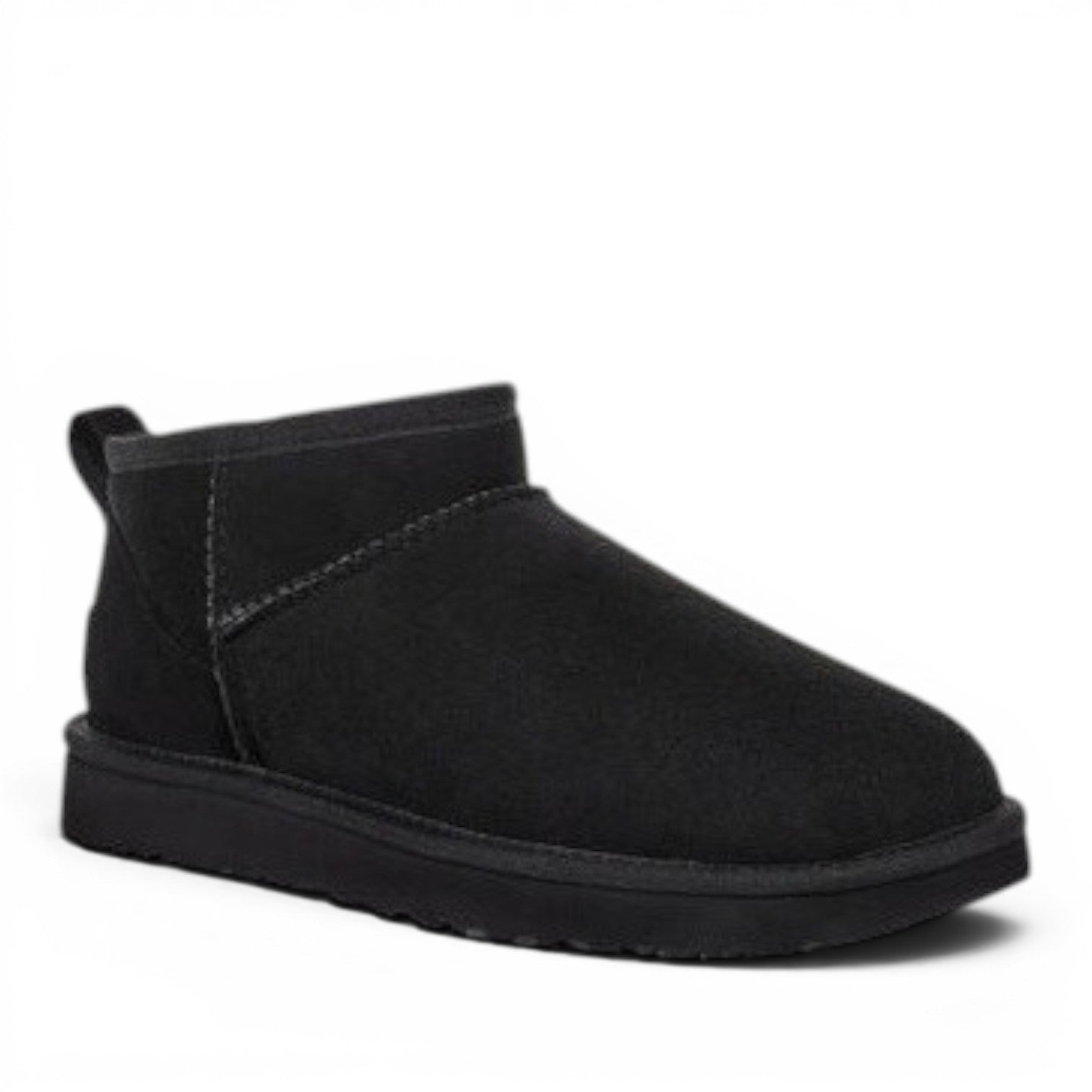 ShoeShop black suede Classic Ultra Mini boots with sheepskin lining and sugar cane EVA outsole.