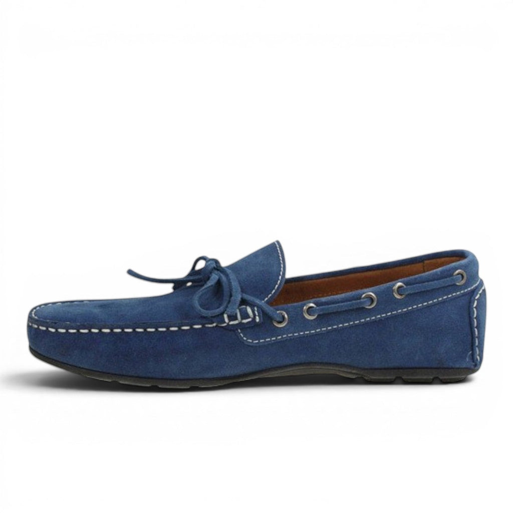 ShoeShop blue suede leather moccasin driving shoes with white stitching and lace detail.