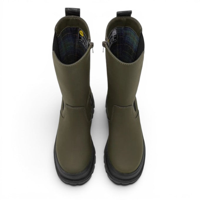ShoeShop Buffalo Aspha CLF Rain Chelsea HI olive green waterproof boots with side zip and plaid lining.