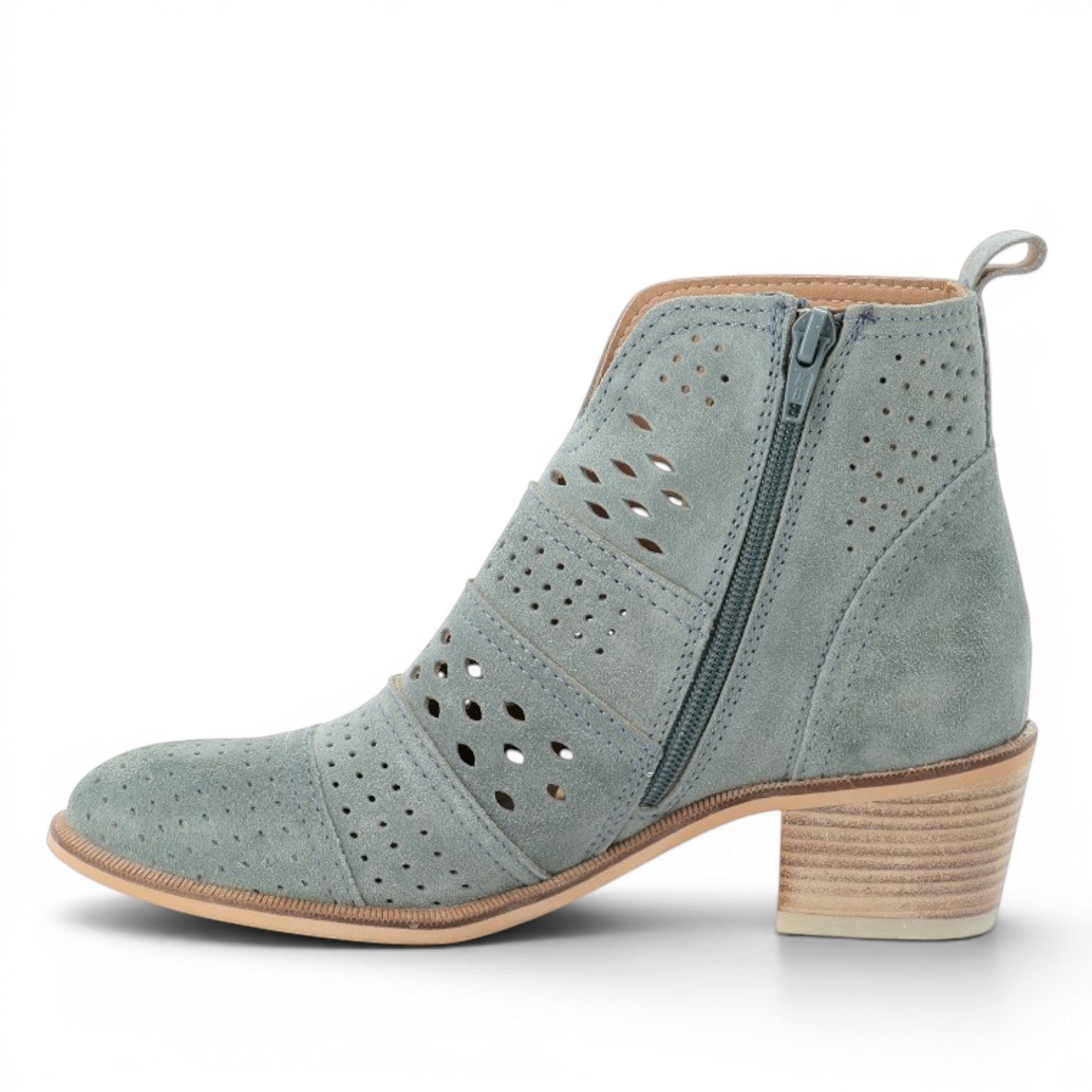 ShoeShop grey suede perforated ankle boots with side zipper and block heel.