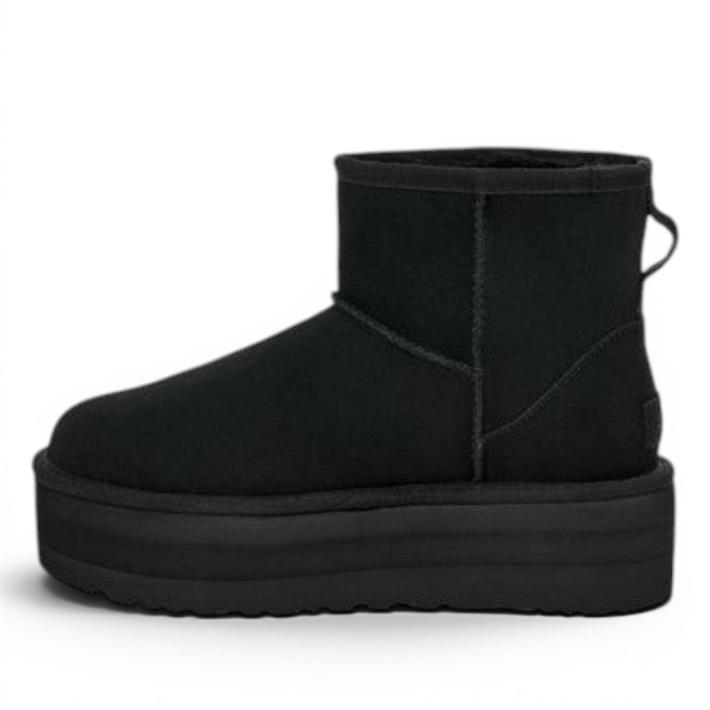 ShoeShop black suede Classic Mini Platform UGG boots with a 5cm sugar cane EVA platform and recycled wool lining.