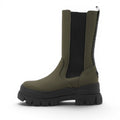 ShoeShop Buffalo Aspha CLF Rain Chelsea HI olive green waterproof boots with black elastic side panels and chunky sole.